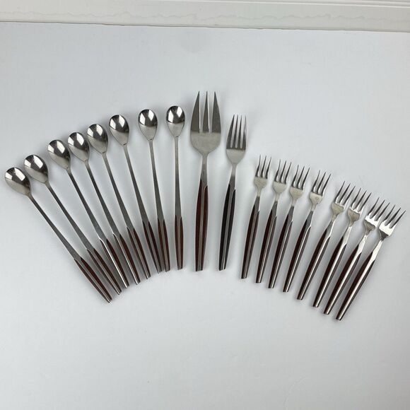 VTG ELDAN Stainless Flatware Spoons Forks Silverware Black Japan MCM 18 Piece - Picture 1 of 16